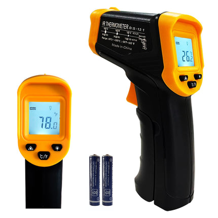 Infrared Thermometer Gun – Non-Contact Digital Laser Temp Meter for Cooking, HVAC, Automotive & Industrial Use, -50°C to 500°C, Backlit LCD, 12:1 D:S Ratio (Black/Yellow).