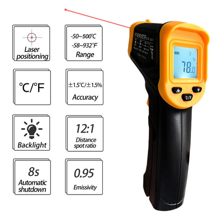 Infrared Thermometer Gun – Non-Contact Digital Laser Temp Meter for Cooking, HVAC, Automotive & Industrial Use, -50°C to 500°C, Backlit LCD, 12:1 D:S Ratio (Black/Yellow).