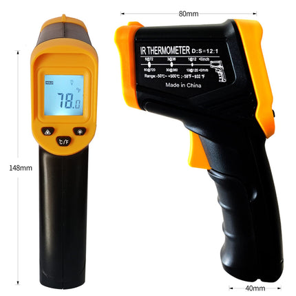 Infrared Thermometer Gun – Non-Contact Digital Laser Temp Meter for Cooking, HVAC, Automotive & Industrial Use, -50°C to 500°C, Backlit LCD, 12:1 D:S Ratio (Black/Yellow).