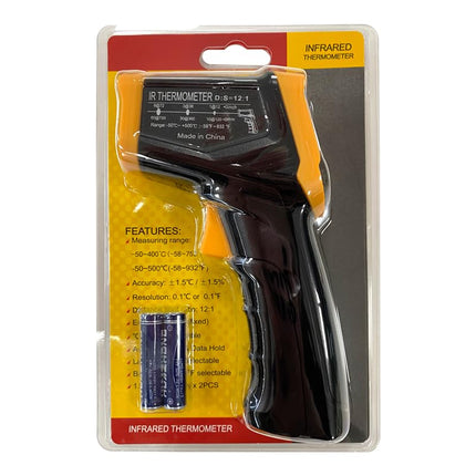 Infrared Thermometer Gun – Non-Contact Digital Laser Temp Meter for Cooking, HVAC, Automotive & Industrial Use, -50°C to 500°C, Backlit LCD, 12:1 D:S Ratio (Black/Yellow).
