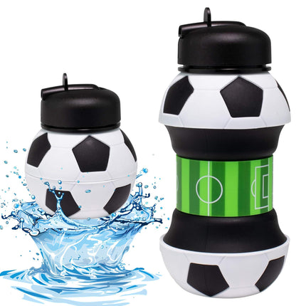 Foldable Soccer Water Bottle for Kids – 18oz Expandable Silicone Hydration Flask with Leak-Proof Spout & Carabiner Clip, BPA-Free, Ideal for School, Sports, Travel & Outdoor Adventures (Black, White, Green).