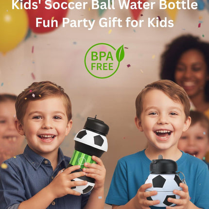 Foldable Soccer Water Bottle for Kids – 18oz Expandable Silicone Hydration Flask with Leak-Proof Spout & Carabiner Clip, BPA-Free, Ideal for School, Sports, Travel & Outdoor Adventures (Black, White, Green).