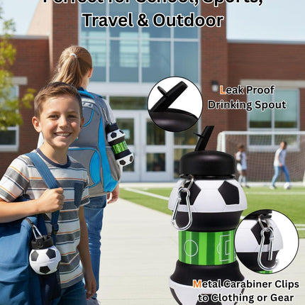 Foldable Soccer Water Bottle for Kids – 18oz Expandable Silicone Hydration Flask with Leak-Proof Spout & Carabiner Clip, BPA-Free, Ideal for School, Sports, Travel & Outdoor Adventures (Black, White, Green).
