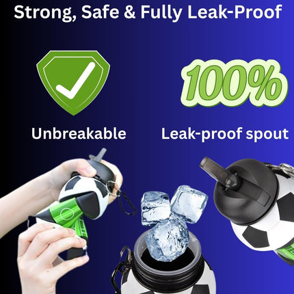 Foldable Soccer Water Bottle for Kids – 18oz Expandable Silicone Hydration Flask with Leak-Proof Spout & Carabiner Clip, BPA-Free, Ideal for School, Sports, Travel & Outdoor Adventures (Black, White, Green).