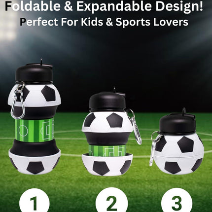 Foldable Soccer Water Bottle for Kids – 18oz Expandable Silicone Hydration Flask with Leak-Proof Spout & Carabiner Clip, BPA-Free, Ideal for School, Sports, Travel & Outdoor Adventures (Black, White, Green).