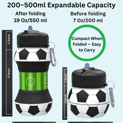 Foldable Soccer Water Bottle for Kids – 18oz Expandable Silicone Hydration Flask with Leak-Proof Spout & Carabiner Clip, BPA-Free, Ideal for School, Sports, Travel & Outdoor Adventures (Black, White, Green).
