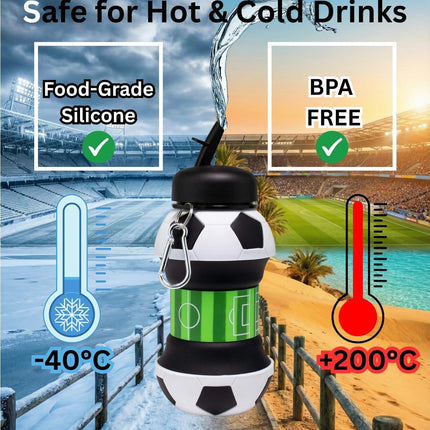 Foldable Soccer Water Bottle for Kids – 18oz Expandable Silicone Hydration Flask with Leak-Proof Spout & Carabiner Clip, BPA-Free, Ideal for School, Sports, Travel & Outdoor Adventures (Black, White, Green).
