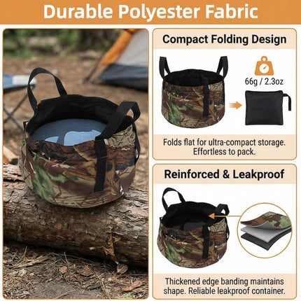 Collapsible Outdoor Bucket with Handles – Foldable Water Container for Camping, Fishing, Travel & Washing, Durable Waterproof Polyester Basin (Camouflage).