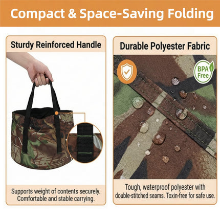 Collapsible Outdoor Bucket with Handles – Foldable Water Container for Camping, Fishing, Travel & Washing, Durable Waterproof Polyester Basin (Camouflage).