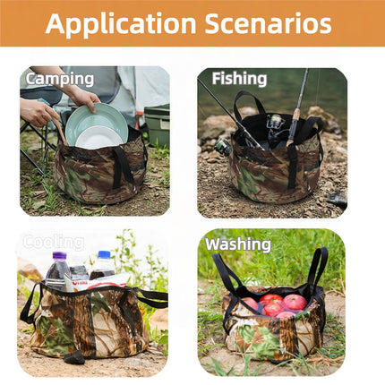 Collapsible Outdoor Bucket with Handles – Foldable Water Container for Camping, Fishing, Travel & Washing, Durable Waterproof Polyester Basin (Camouflage).