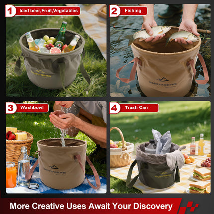 Multi-Use Collapsible Bucket – Foldable Camping Container with Dual Handles, 10L/20L Capacity, Supports 22 lbs or 44 lbs, Waterproof PVC Mesh for Fishing, Washing, Picnics & Outdoor Use (Forest Green,Trumpet).