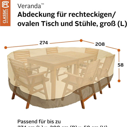 Patio Table & Chair Cover with Umbrella Hole: Water-Resistant Outdoor Furniture Cover for Rectangular/Oval Garden Sets (274x208x58 cm LxWxH).