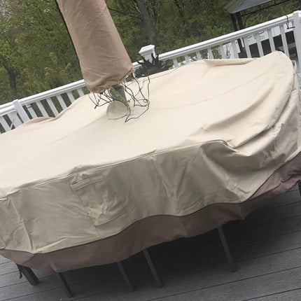 Patio Table & Chair Cover with Umbrella Hole: Water-Resistant Outdoor Furniture Cover for Rectangular/Oval Garden Sets(223x147x58 cm LxWxH).