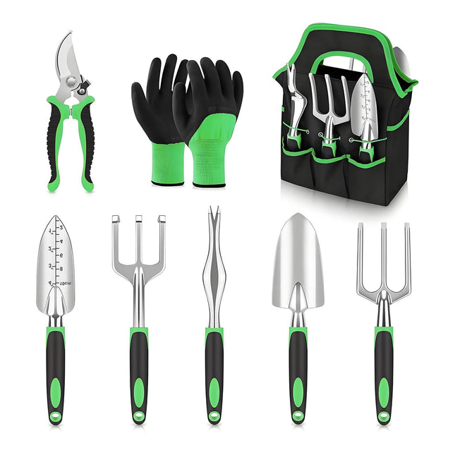 Complete 8-Piece Garden Tool Set with Carry Bag – Stainless Steel & Aluminum Tools for Digging, Pruning, Planting, and Weeding.