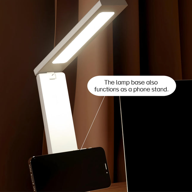 USB Rechargeable Foldable LED Desk Lamp – Touch Control, 3-Color Temperature, Stepless Dimming, 120° Adjustable Arm, Built-in Phone Stand, Flicker-Free & Blue Light Filtered, Ideal for Study, Office, Bedroom, Dorm; Compact & Modern Design (White,3600mA).