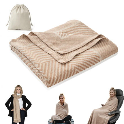 Premium Travel Blanket – Ultra-Soft Knit Wrap for Airplane, Car, Office Naps, and Gifts – Lightweight, Breathable, and Stylish with Storage Bag (Khaki).