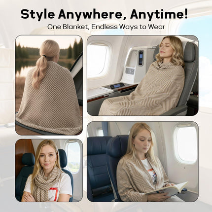 Premium Travel Blanket – Ultra-Soft Knit Wrap for Airplane, Car, Office Naps, and Gifts – Lightweight, Breathable, and Stylish with Storage Bag (Khaki).
