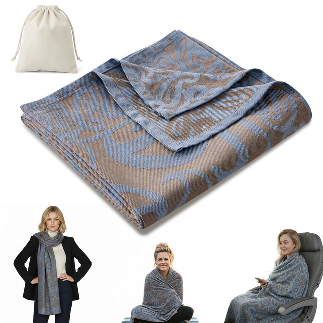 Premium Travel Blanket – Ultra-Soft Knit Wrap for Airplane, Car, Office Naps, and Gifts – Lightweight, Breathable, and Stylish with Storage Bag (Blue).