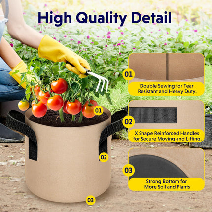 5-Pack 10-Gallon Fabric Grow Bags – Heavy-Duty Breathable Non-Woven Plant Pots with Handles for Vegetables, Herbs, Flowers (Camel).