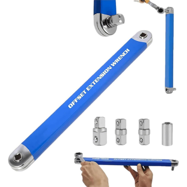 Blue Offset Extension Wrench Set – 15.35" Long, 1/4", 3/8", 1/2" Square Drive Adapters & 1/4" Socket | Ideal for Tight Spaces.