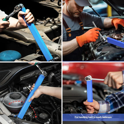 Blue Offset Extension Wrench Set – 15.35" Long, 1/4", 3/8", 1/2" Square Drive Adapters & 1/4" Socket | Ideal for Tight Spaces.