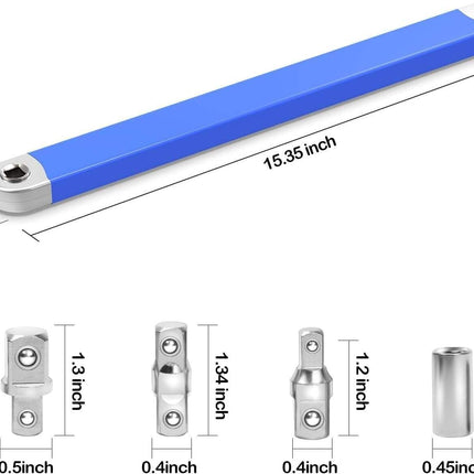 Blue Offset Extension Wrench Set – 15.35" Long, 1/4", 3/8", 1/2" Square Drive Adapters & 1/4" Socket | Ideal for Tight Spaces.