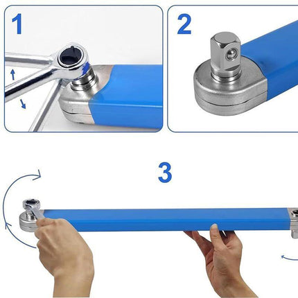Blue Offset Extension Wrench Set – 15.35" Long, 1/4", 3/8", 1/2" Square Drive Adapters & 1/4" Socket | Ideal for Tight Spaces.