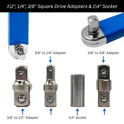 Blue Offset Extension Wrench Set – 15.35" Long, 1/4", 3/8", 1/2" Square Drive Adapters & 1/4" Socket | Ideal for Tight Spaces.
