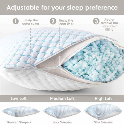 Standard Size Cooling Pillow with Shredded Memory Foam & Gel Infusion – Adjustable Loft, Breathable Dual-Sided Cover, 20" x 26" (Blue) | Other Sizes Available in Store.