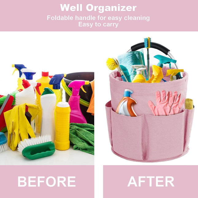Pink Foldable Cleaning Caddy with 6 Outer Pockets: 17L Collapsible Storage Basket for Household, Bathroom, Picnic & Beach – Durable Oxford Cloth Organizer | Other colors available in store.