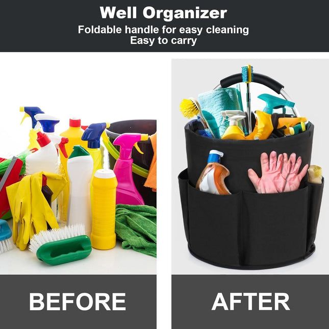 Black Foldable Cleaning Caddy with 6 Outer Pockets: 17L Collapsible Storage Basket for Household, Bathroom, Picnic & Beach – Durable Oxford Cloth Organizer  | Other colors available in store.