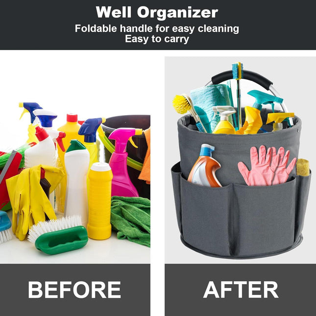Grey Foldable Cleaning Caddy with 6 Outer Pockets: 17L Collapsible Storage Basket for Household, Bathroom, Picnic & Beach – Durable Oxford Cloth Organizer  | Other colors available in store.