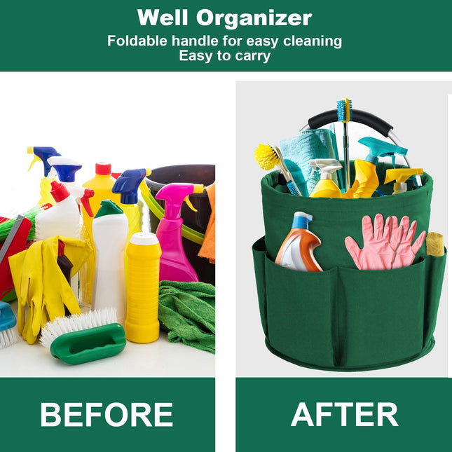Green Foldable Cleaning Caddy with 6 Outer Pockets: 17L Collapsible Storage Basket for Household, Bathroom, Picnic & Beach – Durable Oxford Cloth Organizer  | Other colors available in store.