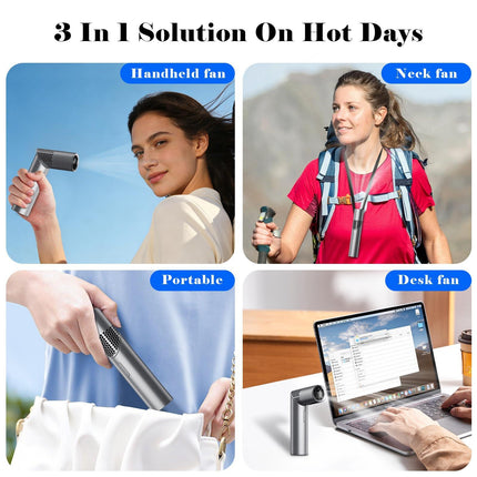 Portable Mini Handheld Fan – 3-in-1 Rechargeable Turbine Fan with 1-199 Speed, Digital Display, Neck Strap, Long Battery Life for Outdoor, Travel, Office Use (Grey).