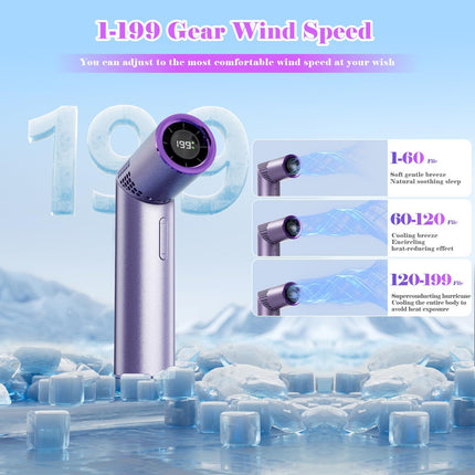 Portable Mini Handheld Fan – 3-in-1 Rechargeable Turbine Fan with 1-199 Speed, Digital Display, Neck Strap, Long Battery Life for Outdoor, Travel, Office Use (Purple).