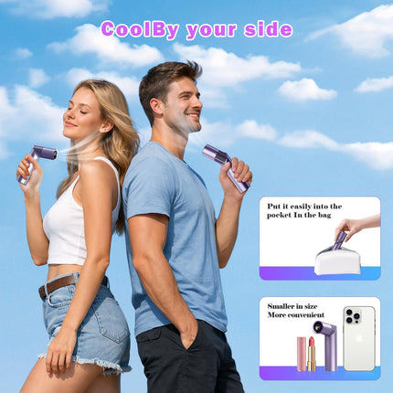 Portable Mini Handheld Fan – 3-in-1 Rechargeable Turbine Fan with 1-199 Speed, Digital Display, Neck Strap, Long Battery Life for Outdoor, Travel, Office Use (Purple).