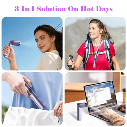 Portable Mini Handheld Fan – 3-in-1 Rechargeable Turbine Fan with 1-199 Speed, Digital Display, Neck Strap, Long Battery Life for Outdoor, Travel, Office Use (Purple).