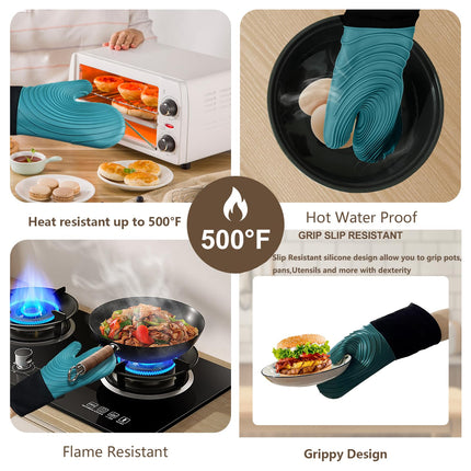 Premium Silicone Oven Mitts – Heat Resistant Up to 500°F, Non-Slip Grip, Easy to Clean, Food Grade & BPA-Free, Ideal for Grilling, Baking, Cooking, Microwave Use (Green).