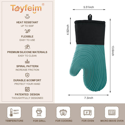 Premium Silicone Oven Mitts – Heat Resistant Up to 500°F, Non-Slip Grip, Easy to Clean, Food Grade & BPA-Free, Ideal for Grilling, Baking, Cooking, Microwave Use (Green).