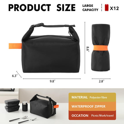 Foldable Lunch Bag – Reusable Insulated Cooler Tote with Waterproof Zipper, Leak-Proof Design, Lightweight & Compact, Ideal for Work, School, Picnic, Travel (Black).