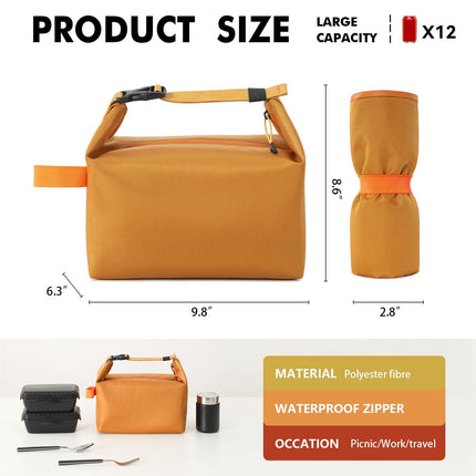 Foldable Lunch Bag – Reusable Insulated Cooler Tote with Waterproof Zipper, Leak-Proof Design, Lightweight & Compact, Ideal for Work, School, Picnic, Travel (Yellow).