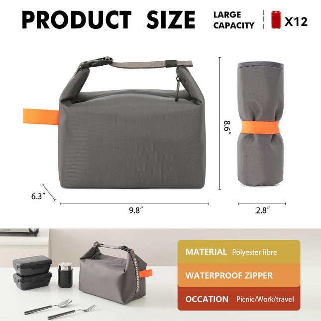 Foldable Lunch Bag – Reusable Insulated Cooler Tote with Waterproof Zipper, Leak-Proof Design, Lightweight & Compact, Ideal for Work, School, Picnic, Travel (Grey).