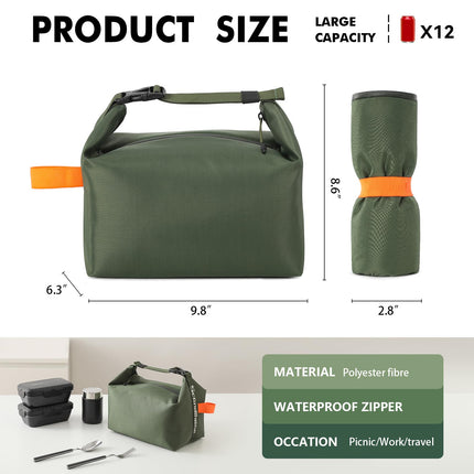 Foldable Lunch Bag – Reusable Insulated Cooler Tote with Waterproof Zipper, Leak-Proof Design, Lightweight & Compact, Ideal for Work, School, Picnic, Travel (Military green).