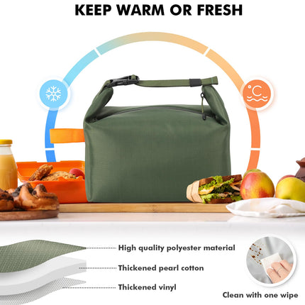 Foldable Lunch Bag – Reusable Insulated Cooler Tote with Waterproof Zipper, Leak-Proof Design, Lightweight & Compact, Ideal for Work, School, Picnic, Travel (Military green).