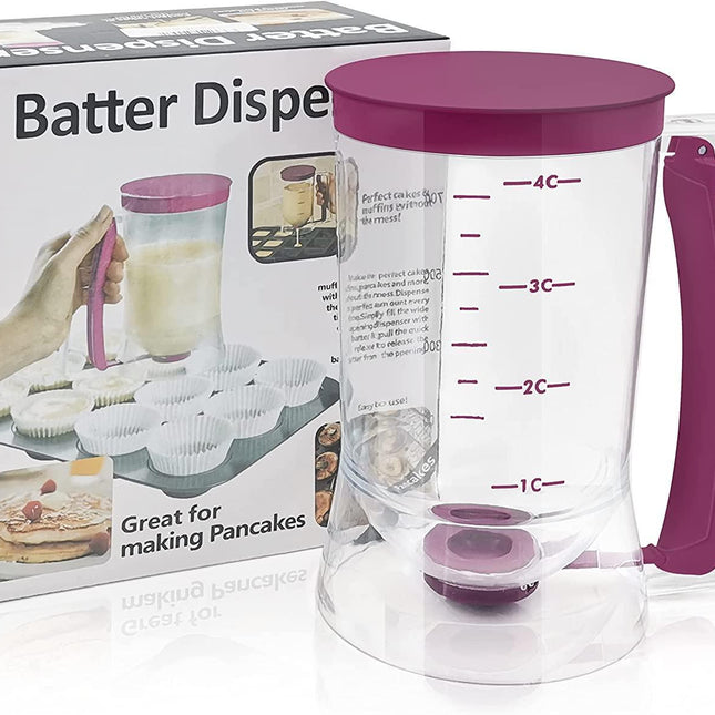 Batter Dispenser with Measuring Marks – 900ml Cake Mix Pourer for Cupcakes, Pancakes, Muffins, Waffles & More (Purple).