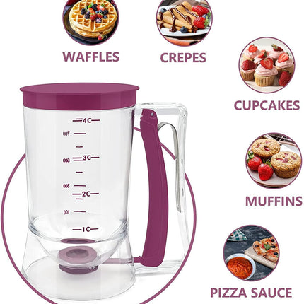Batter Dispenser with Measuring Marks – 900ml Cake Mix Pourer for Cupcakes, Pancakes, Muffins, Waffles & More (Purple).