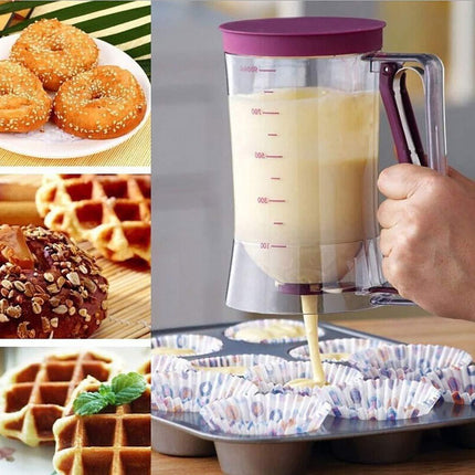 Batter Dispenser with Measuring Marks – 900ml Cake Mix Pourer for Cupcakes, Pancakes, Muffins, Waffles & More (Purple).