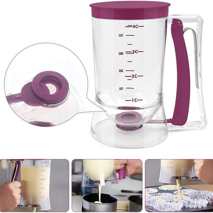 Batter Dispenser with Measuring Marks – 900ml Cake Mix Pourer for Cupcakes, Pancakes, Muffins, Waffles & More (Purple).