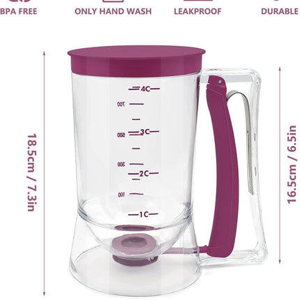 Batter Dispenser with Measuring Marks – 900ml Cake Mix Pourer for Cupcakes, Pancakes, Muffins, Waffles & More (Purple).