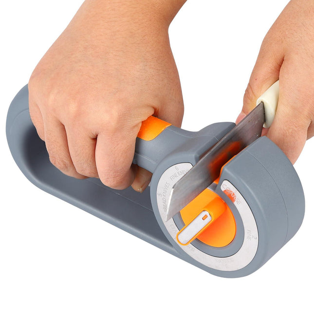 6-in-1 Rotary Knife Sharpener – Adjustable Multi-Function Sharpener for Knives, Scissors, Sushi & Bread Knives, Fast & Easy Sharpening Tool for Home Kitchen Use (Gray).